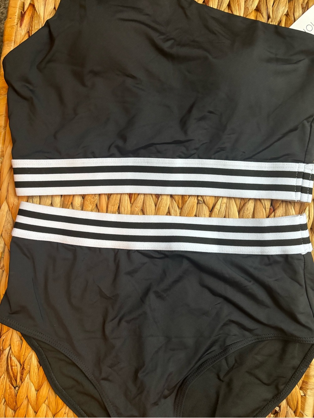 NWT One-Shoulder Black Two-Piece Swim Set High-Waisted Bottom Striped Waistband - Picture 3 of 9